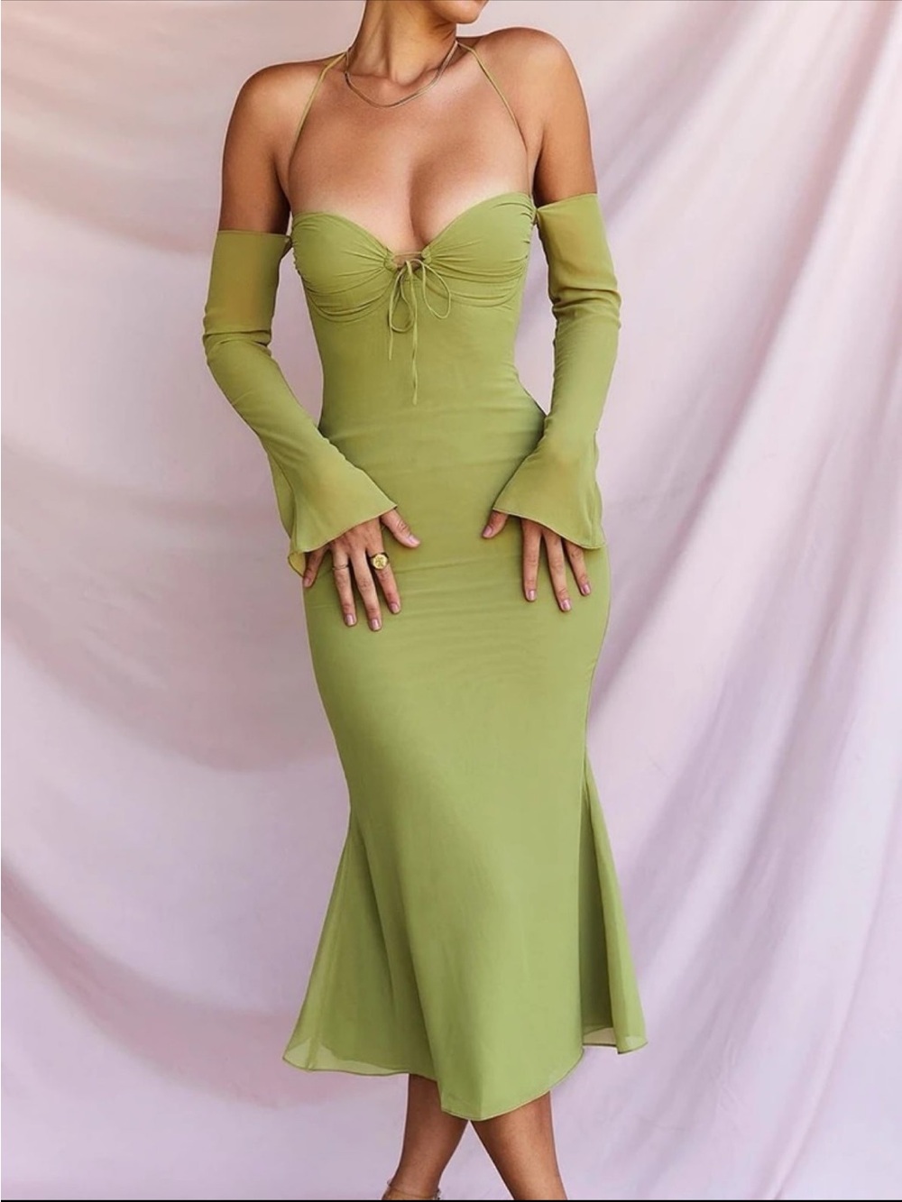 Off-Shoulder Ruched Midi Dress in Olive Green